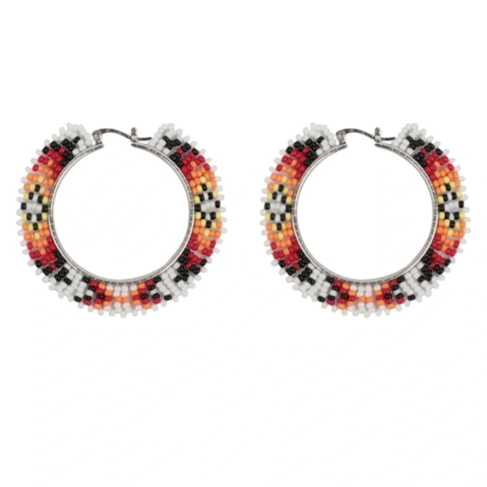 NWT Bohemian Aztec Style Seed Bead Hoop Pierced Earrings in Red & Orange!